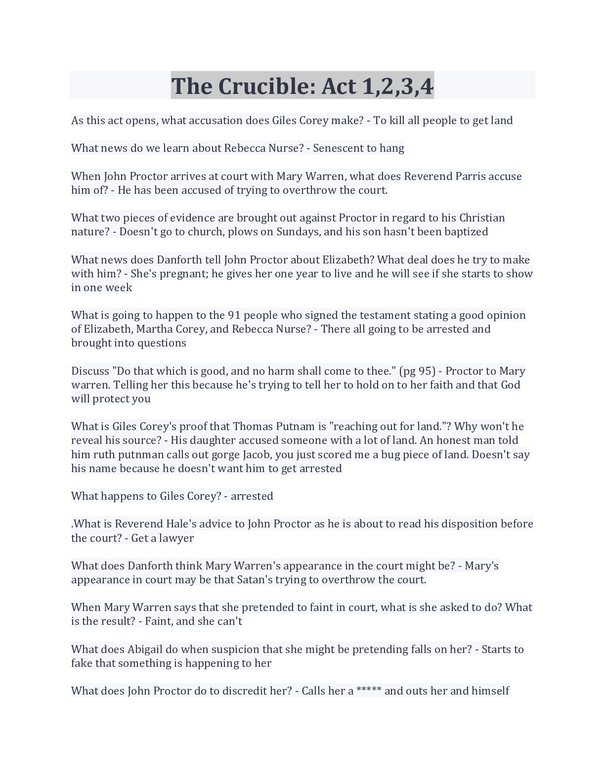 Preview image for The Crucible: Act 1,2,3,4 Already Graded A Questions And Answers